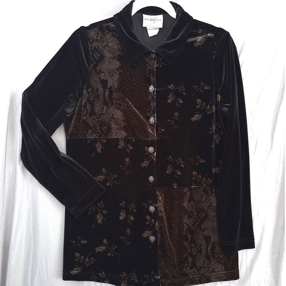 Studio Ease Tops - Vtg Y2K Button Down 10 Black Whimsigoth Patchwork Velvet Witchy Vampy Cardigan